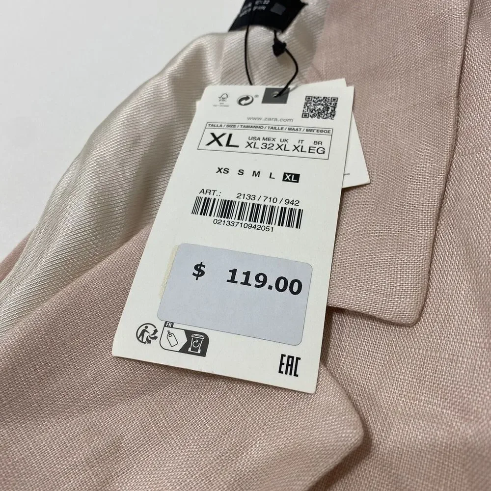 NEW - Zara Women's 100% LINEN STRAIGHT CUT BLAZER Jacket - Beige Pink - XL - Picture 6 of 7